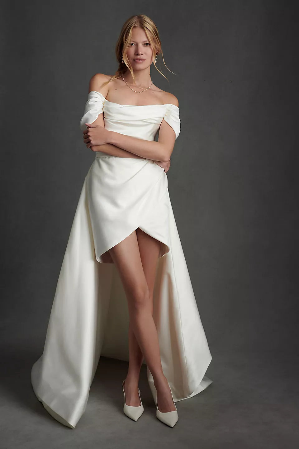 Watters Marlina Off-the Shoulder Convertible Mini Wedding Dress