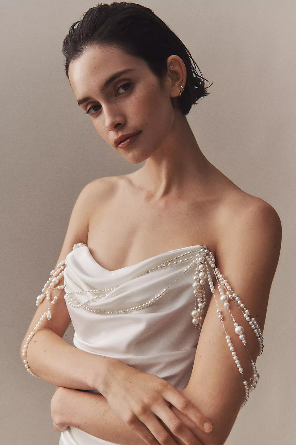 Watters Raine Strapless Pearl-Chain Vestio de noiva