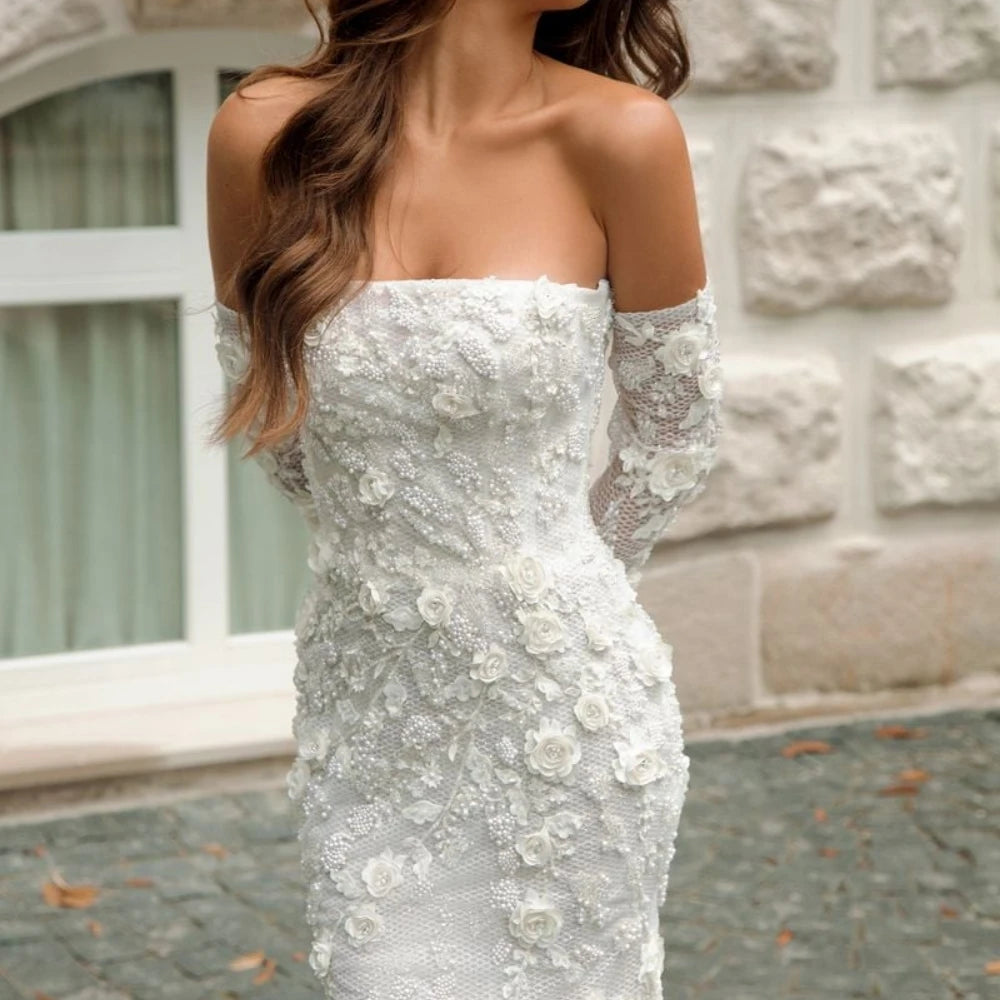 Abiti da sposa sexy sirena di sirena per tulle senza spalline maniche staccabili abiti da sposa con applique 3d senza schienale Vestido de nolia