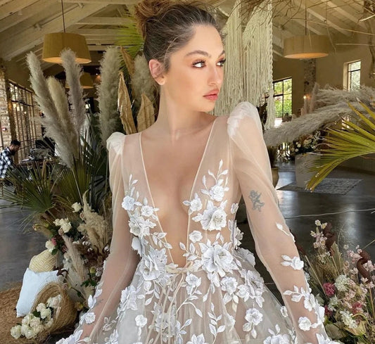 Boho Ivory Appliques Wedding Dresses Lace Appliques Long sleeves V-Neck Bride Dress 3D Flowers A-Line Wedding Gown Plus Size