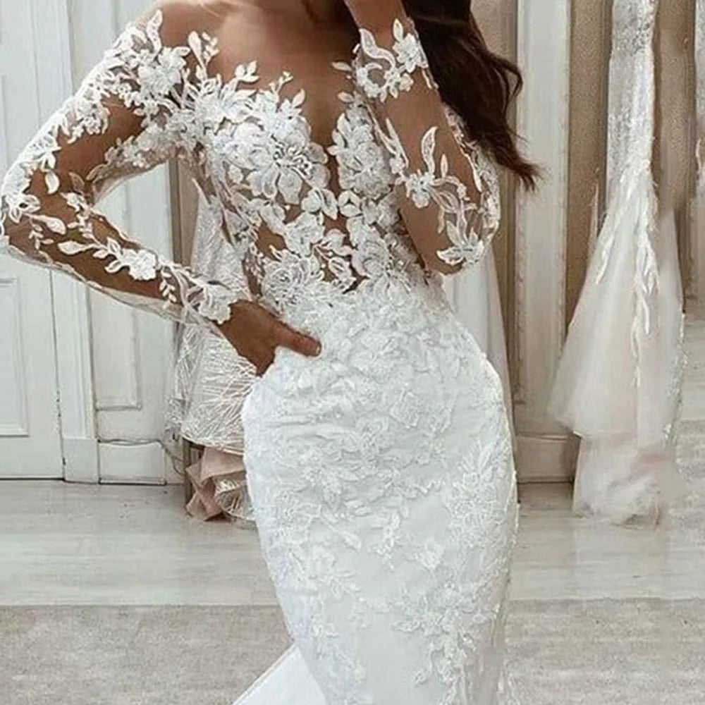 Spitze Brautkleider V-Ausschnitt Sexy Meerjungfrau Brautkleider Lange Ärmel Exquisite Applikationen Brautkleid Vestidos De Novia