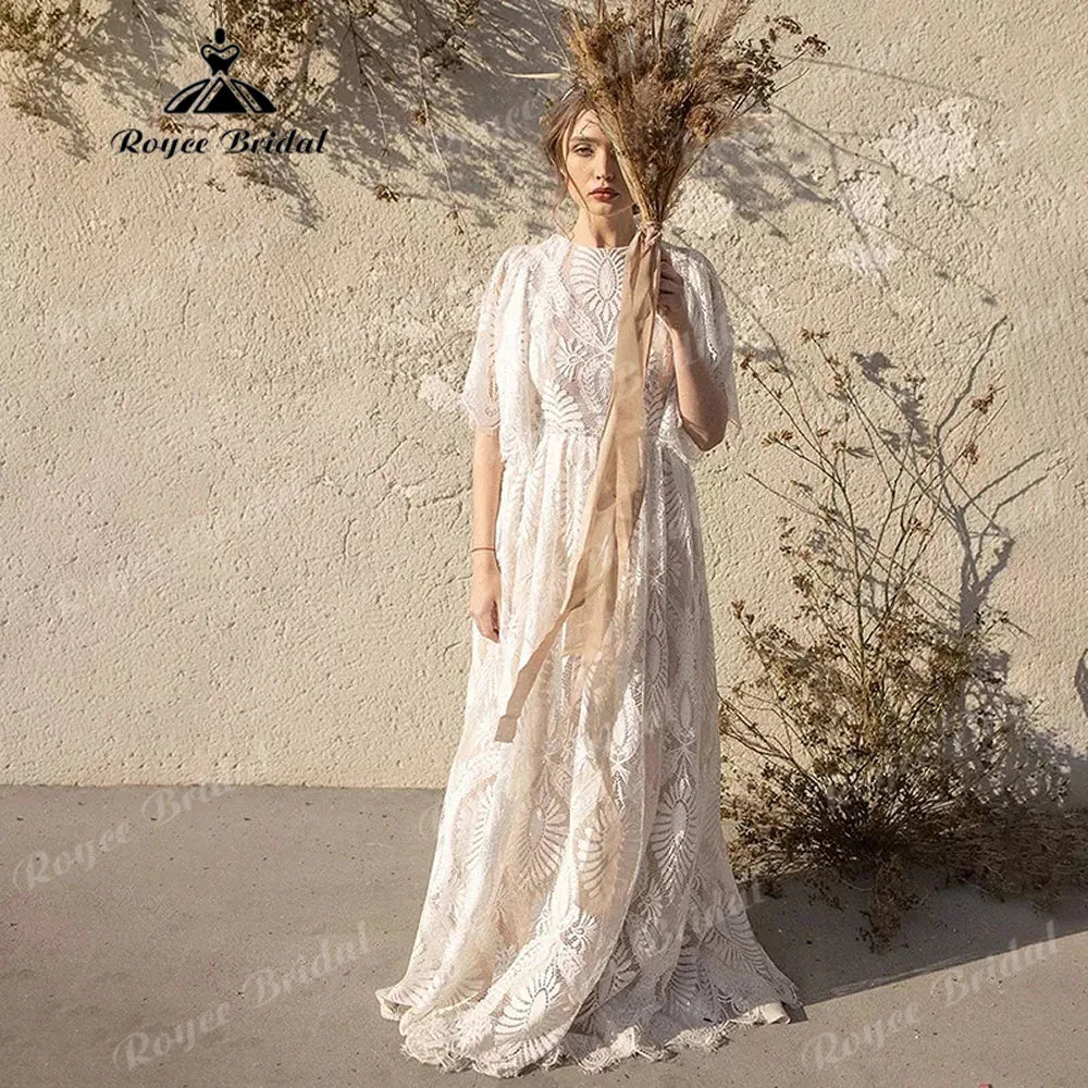 Rustic Garden Outdoor Column Lace Boho Bohemian Wedding Dress for Women 2024 Backless Bridal Gown Custom Made vestidos de novia