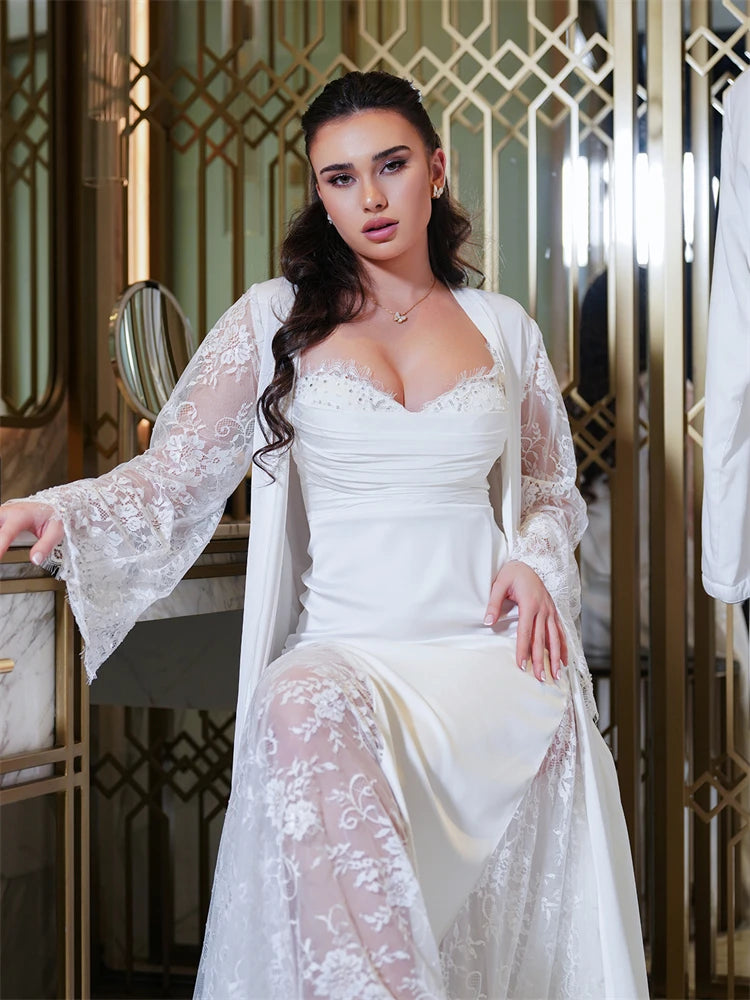 Elegante túnica de novia de dos piezas para boda Mangas sexy de bengala Soft Tulle Bridal Shower Dress Women Night Gwon عرس لينجري