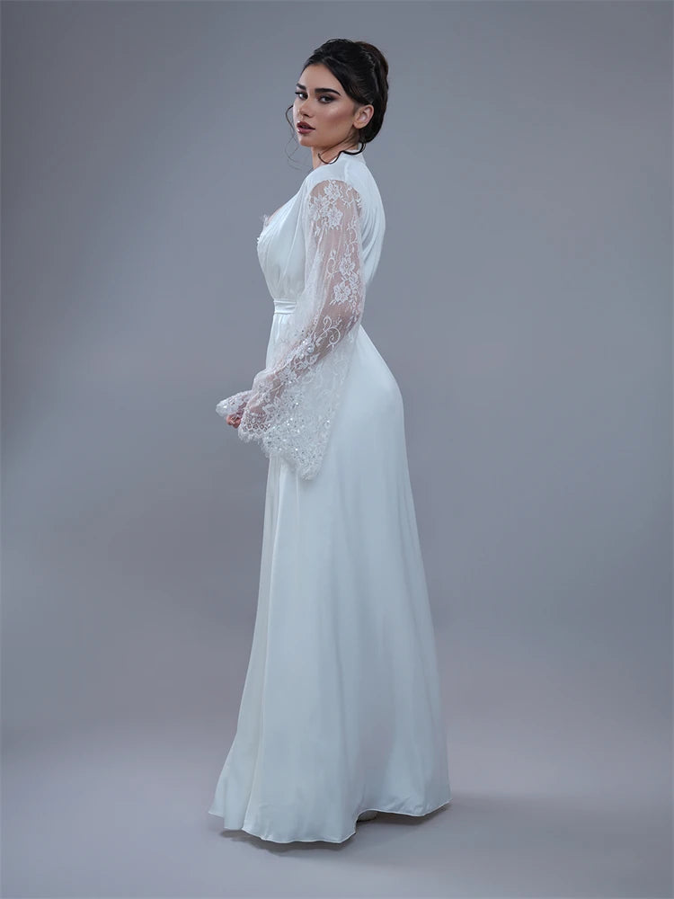 Elegant Two-Pieces Lace Bride Robe For Wedding Sexy Flare Sleeves Soft Tulle Bridal Shower Dress Women Night Gwon عرس لينجري