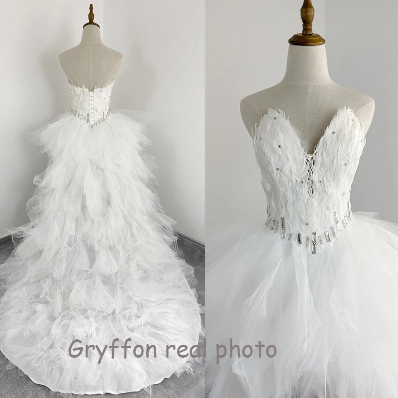 Gryffon Wedding Dress Sexy Feather Strapless Wedding Gowns Princess Luxury Crystal Wedding Dresse Can Be Customized