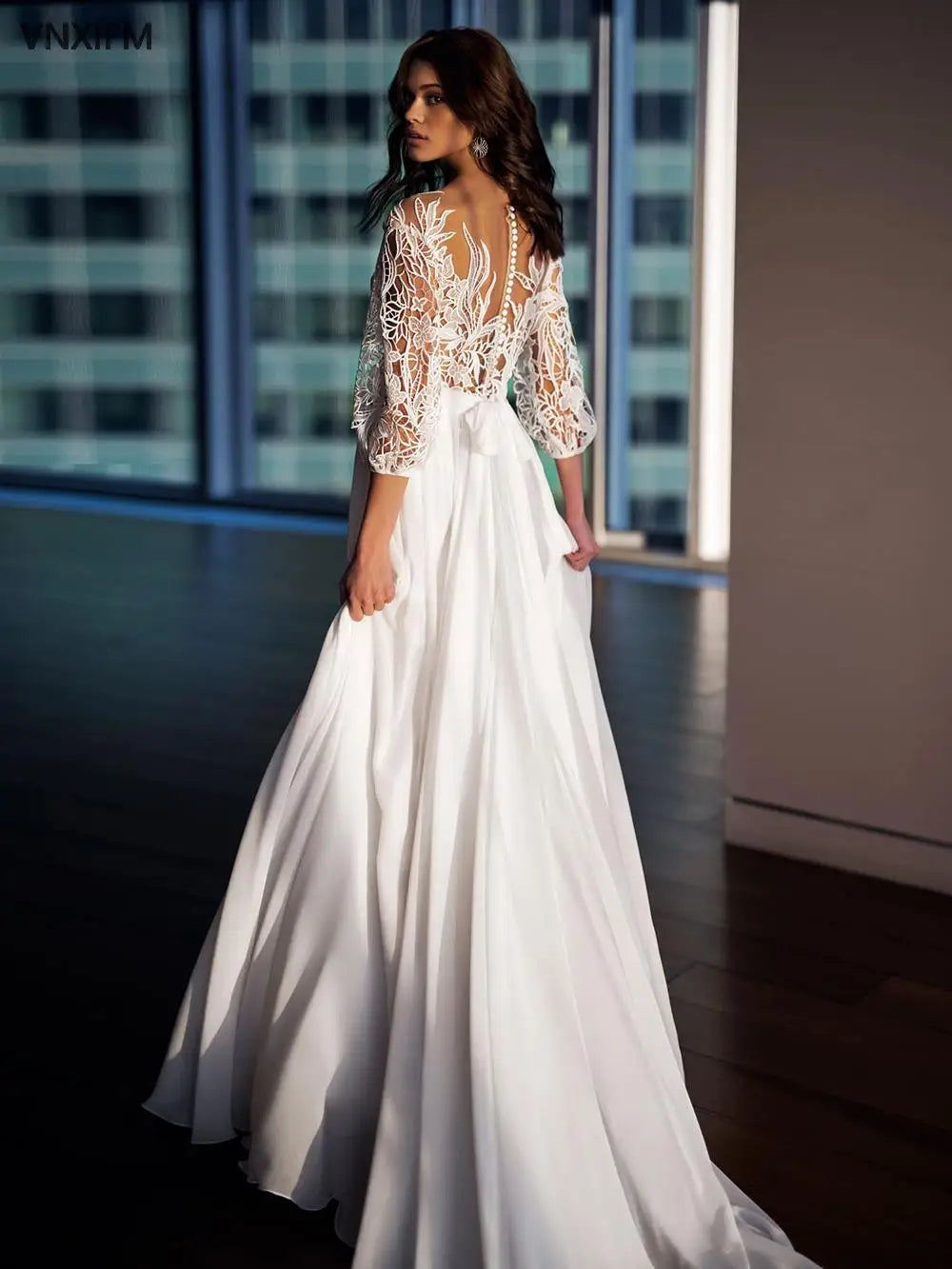 Beach A-Line Wedding Dresses Three Quarter Lantern Sleeves Cut-Out Lace O Neck Romantic Button Back 2021 Long Train Bridal Gowns