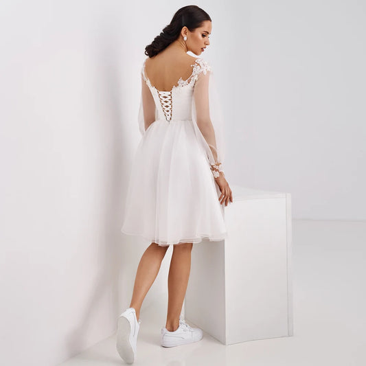 A-Linie Kurzes Hochzeitskleid Knielanges Langes Ärmel Spitzen-Brautkleid Kleines Weißes Kleid