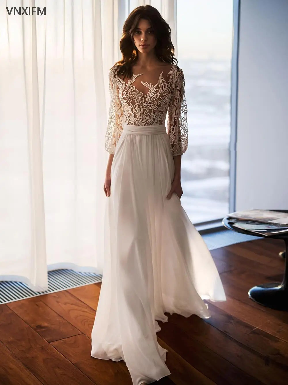 Beach A-Line Wedding Dresses Three Quarter Lantern Sleeves Cut-Out Lace O Neck Romantic Button Back 2021 Long Train Bridal Gowns