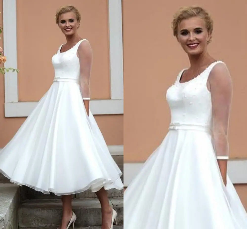 LSYX Wedding Dress Short Three Quarter 3/4 Sleeve A-line With Peals Simple Bridal Gowns High Quality With Belt Charming Brides