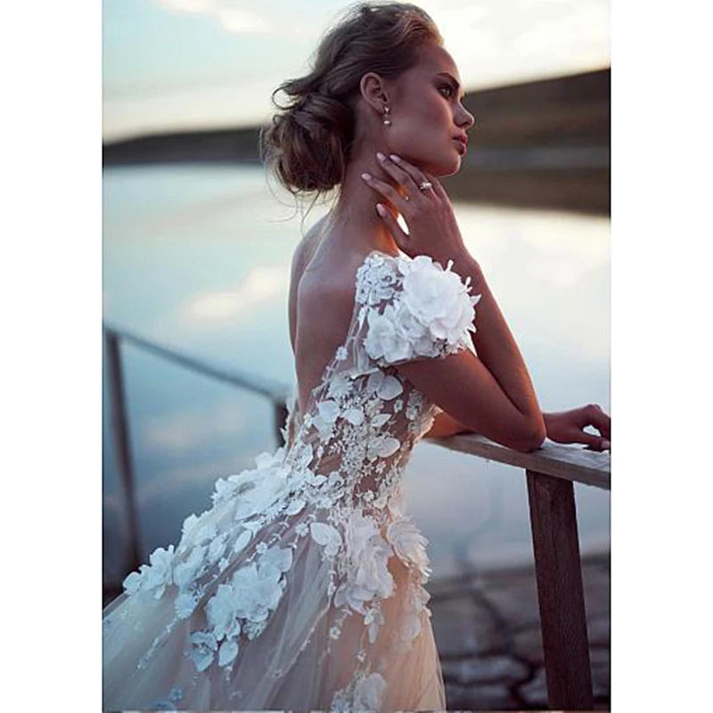 Champagne Boho Abiti da sposa Luxury Sexy senza schienale Bridal Abito da sposa Appliques 3d Flowers Beach Long Wedding Abito da sposa