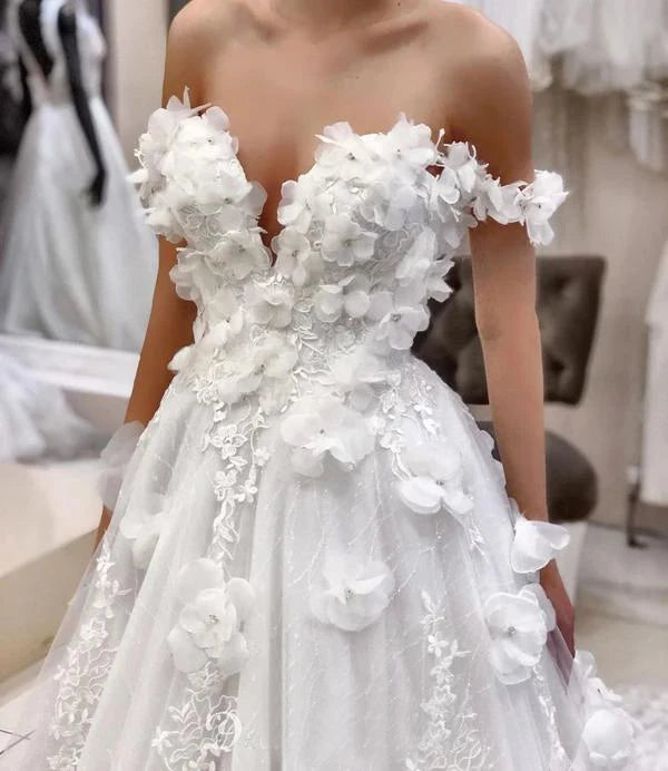 Flores de encaje de vestidos de novia de hombro para la novia una línea de boda vestida de novia broke de soirée de mariage