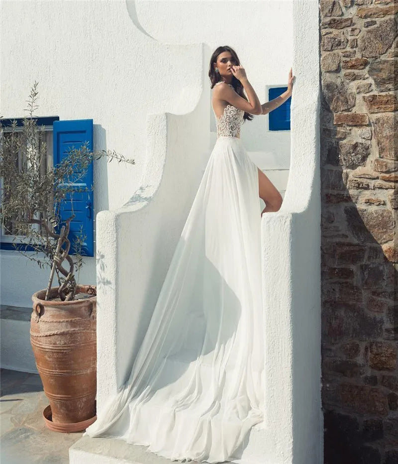 Sevintage Strand Split Vorne Boho Brautkleider Spitze Applizierte Chiffon Outdoor Brautkleider abiti da sposa a sirena