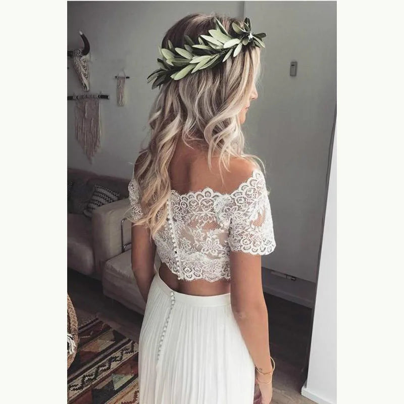 Charming On Sale Boho Wedding Gowns Lace Two Pieces Top Bateau Neckline Beach Bride Dresses 2024 Bridal Gowns Short Sleeves