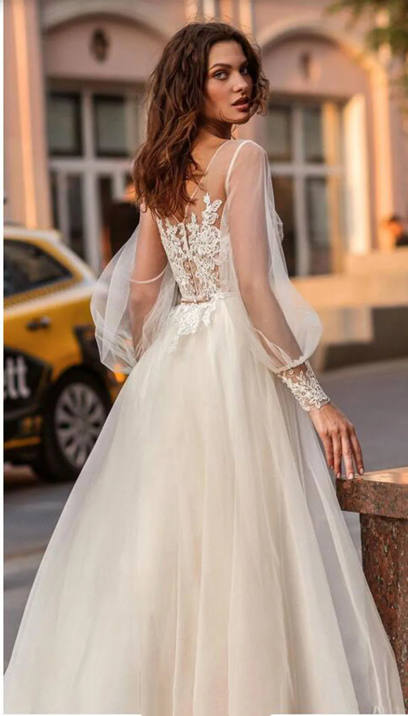 SoDigne Bohemian Hochzeitskleid mit langen Puffärmeln, Spitzenapplikationen, Prinzessinnen-Brautkleid, Boho-Hochzeitspartykleid 2022