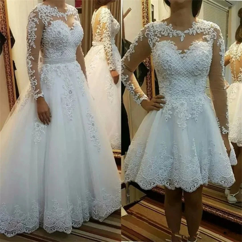 Abiti da sposa in treno staccabili a due pezzi 2023 Nuova manica lunga bianca 2 in 1 abiti da sposa Appliques in pizzo Vestidos de nolia