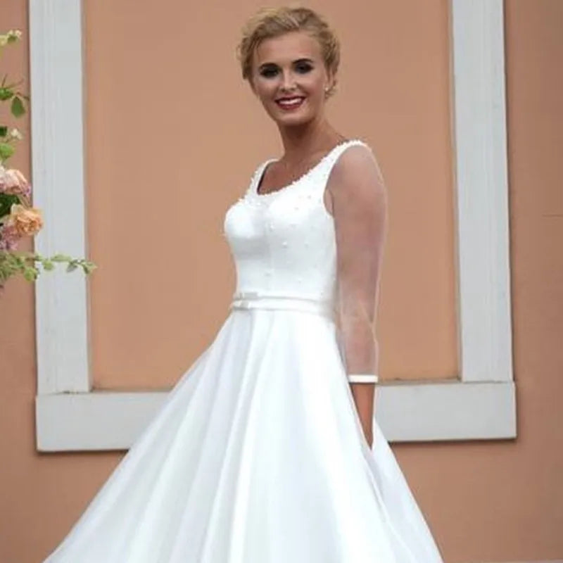 LSYX Wedding Dress Short Three Quarter 3/4 Sleeve A-line With Peals Simple Bridal Gowns High Quality With Belt Charming Brides