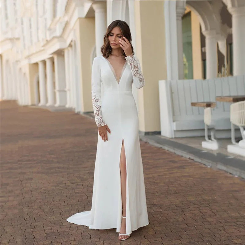 Sexy V-Neck Mermaid Wedding Dress Long Sleeves Lace Appliques High Split Elegant Backless Bridal Gowns Modern Vestidos De Noiva