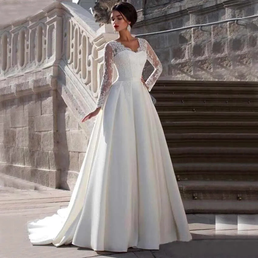 Modest Lace Appliqued A-line Satin Wedding Dress V Neck Sheer Back Long Sleeve For Women Princess Robe de Mariee Customize 2022