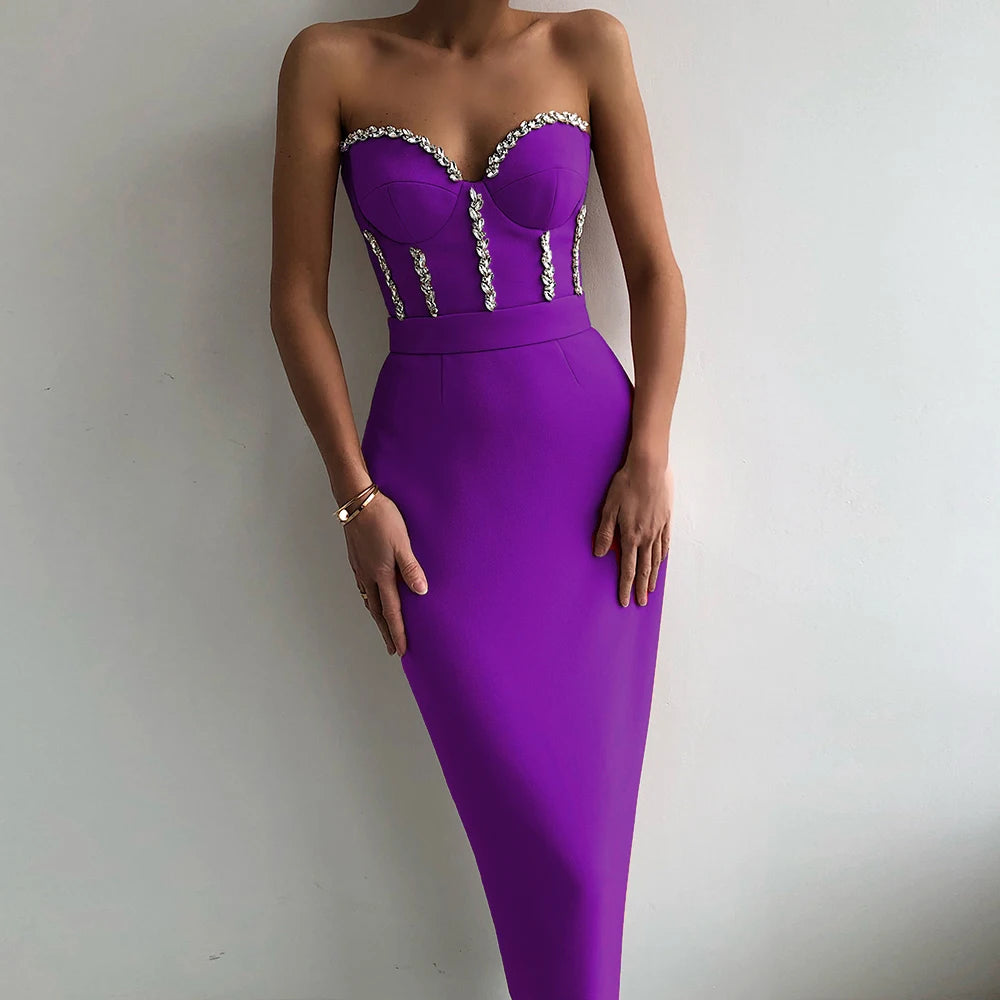 Women's Multi-Color Beaded Strapless Tight Sexy Club Celebrity Cocktail Party Bandage Dress