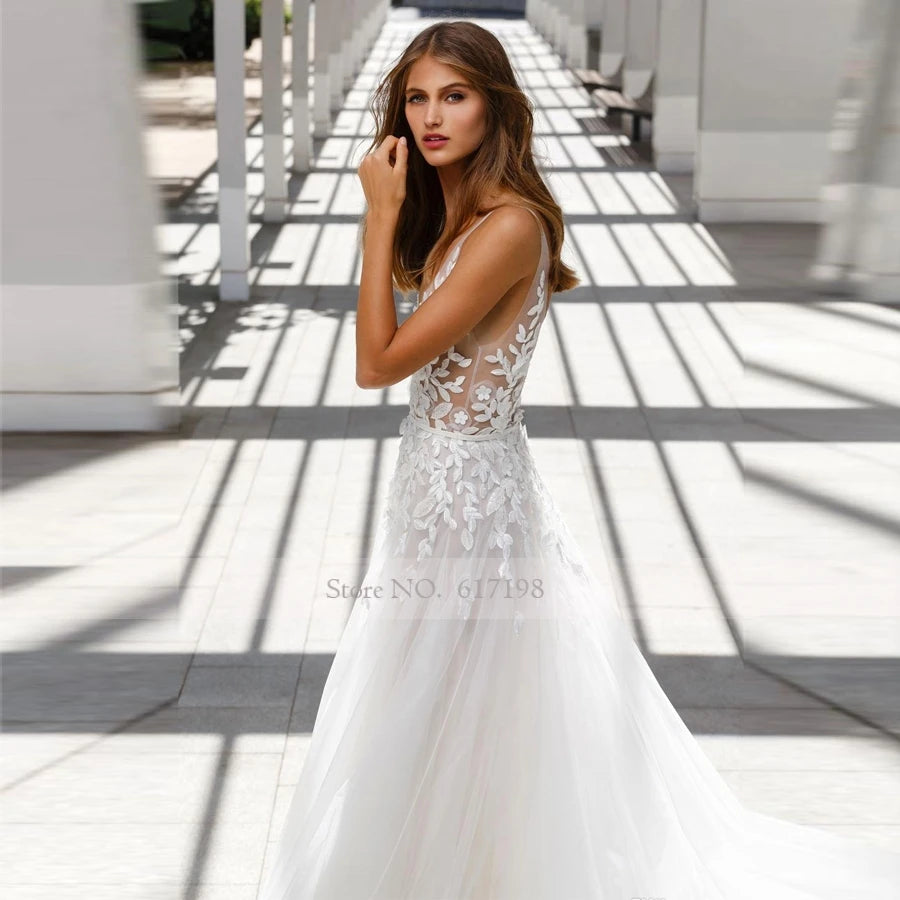 Illusion Applique Lace Tulle Sweep Train Sextless Backless Robe De Mariage Wedding Gowns