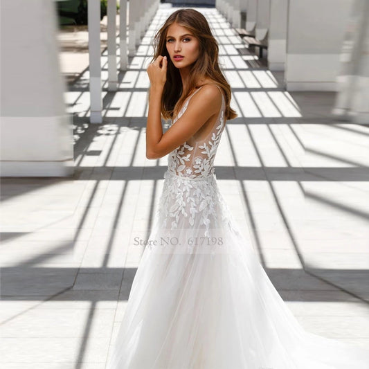 Sexy V-neck Illusion Applique Lace Tulle Sweep Train Backless Wedding Dresses Robe De Mariage Wedding Gowns