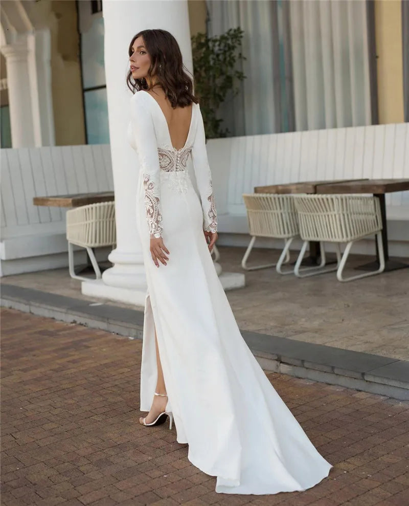 Sexy V-Neck Mermaid Wedding Dress Long Sleeves Lace Appliques High Split Elegant Backless Bridal Gowns Modern Vestidos De Noiva