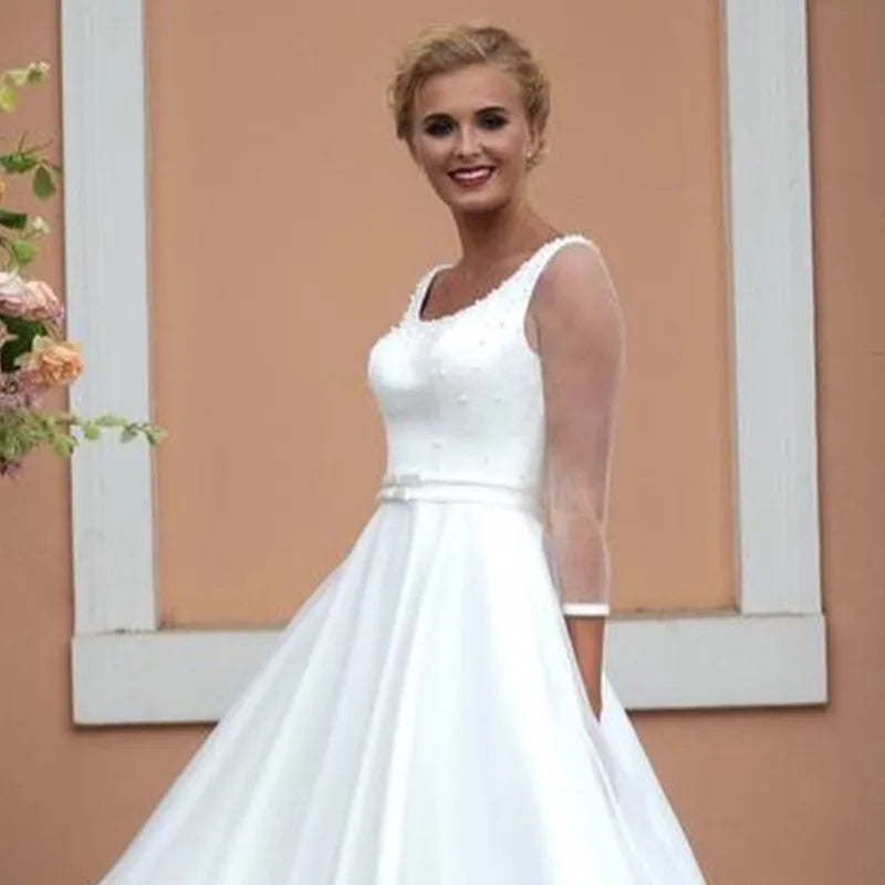 LSYX Wedding Dress Short Three Quarter 3/4 Sleeve A-line With Peals Simple Bridal Gowns High Quality With Belt Charming Brides