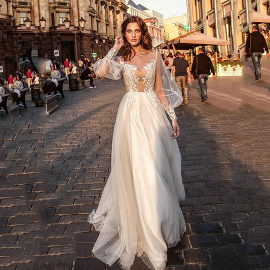 SoDigne Bohemian Wedding Dress Long Puff Sleeves Lace Appliques Princess Bridal Dress Boho Wedding Party Gown 2022