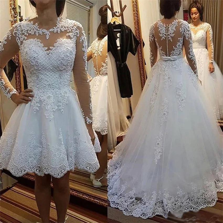 Two Piece Detachable Train Wedding Dresses 2023 New Long Sleeve White 2 in 1 Bridal Gowns Lace Appliques Vestidos de novia