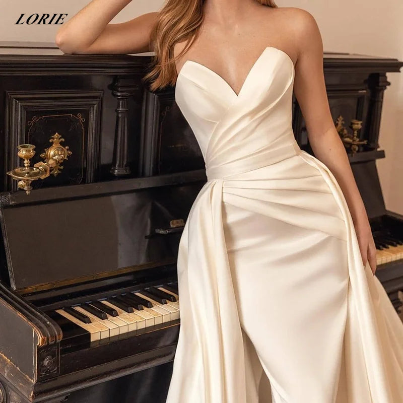 Lorie sexy robes de mariée en satin de satin avec train détachable Sweetheart A-Line blanc / ivoire robes de mariée vestidos de novia