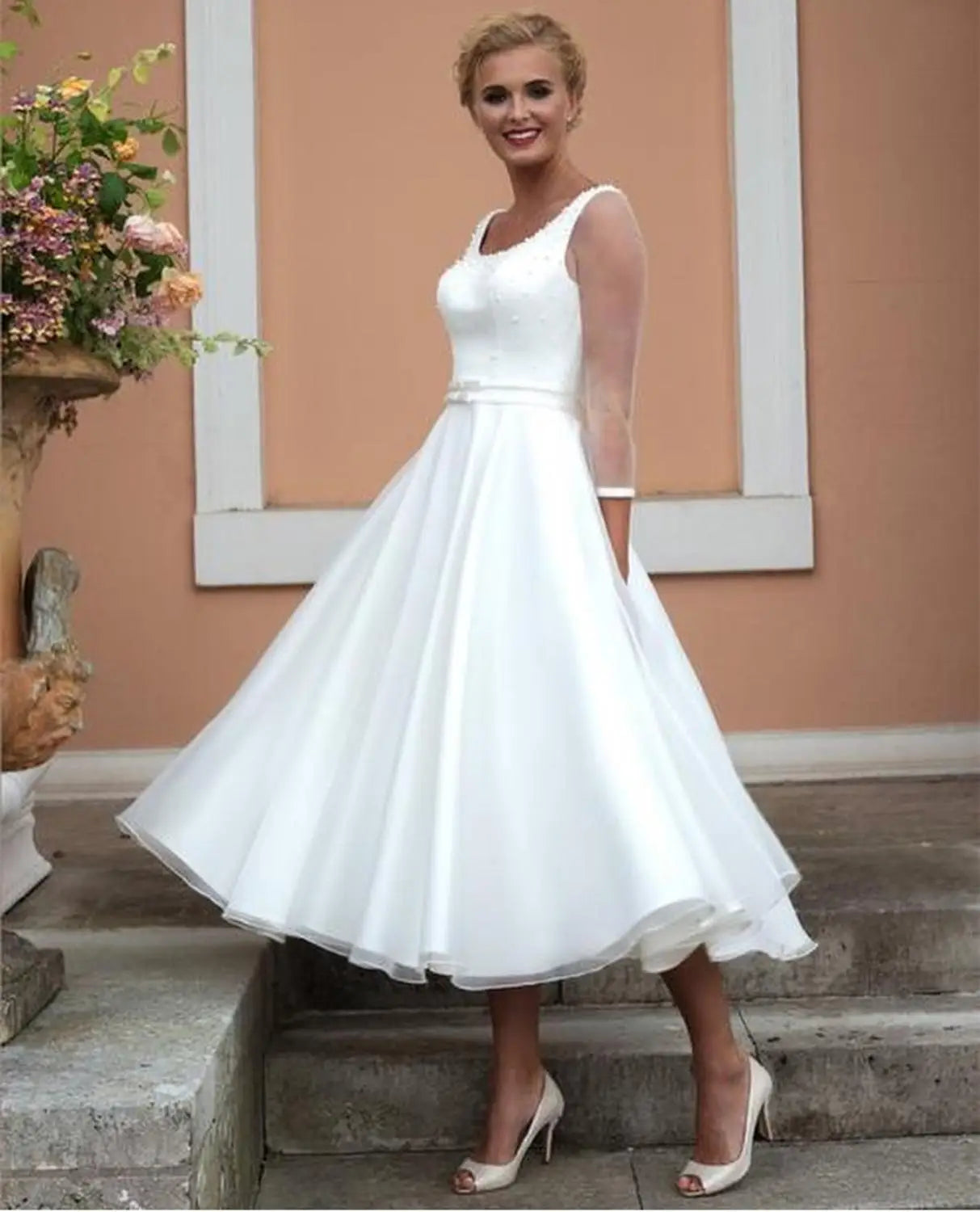 LSYX Wedding Dress Short Three Quarter 3/4 Sleeve A-line With Peals Simple Bridal Gowns High Quality With Belt Charming Brides