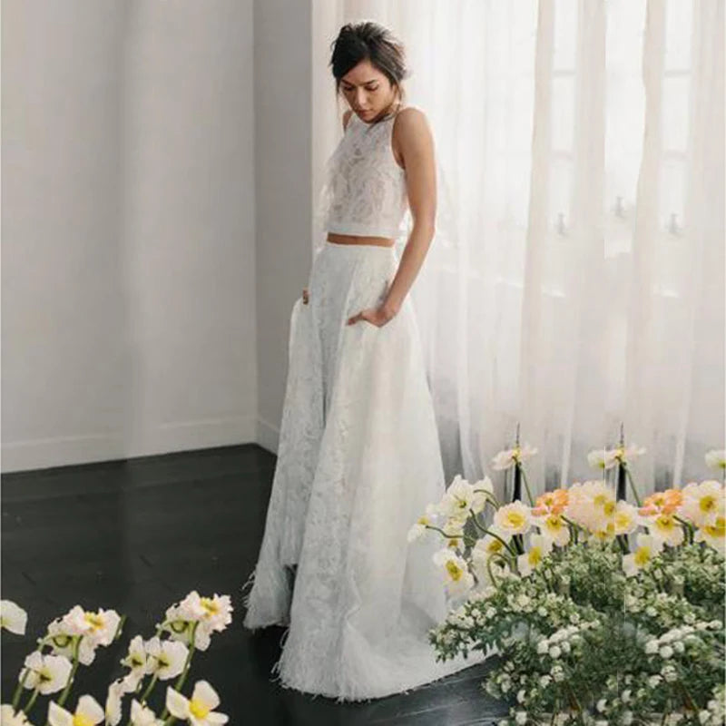 New Unique Sexy Two Pieces Lace Bridal Wedding Dresses Jewel Neck Sleeveless A Line Wedding Gowns for Bride Floor Length