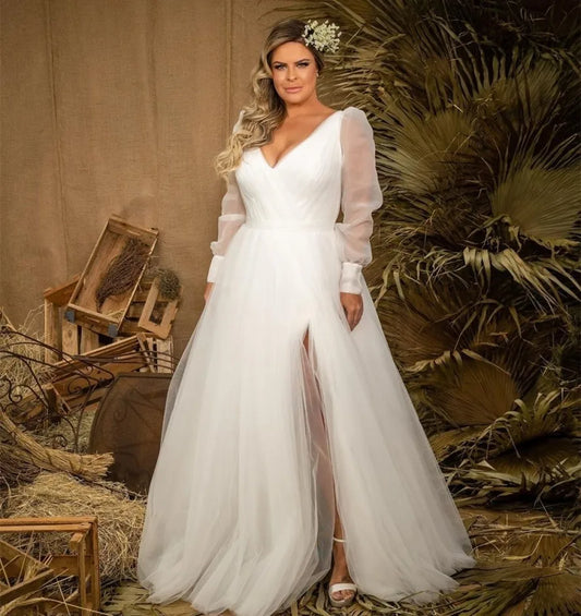Plus Size Hochzeitskleid Elegantes Tüll Langarm Split V-Ausschnitt Brautkleider Einfache Robe De Mariage