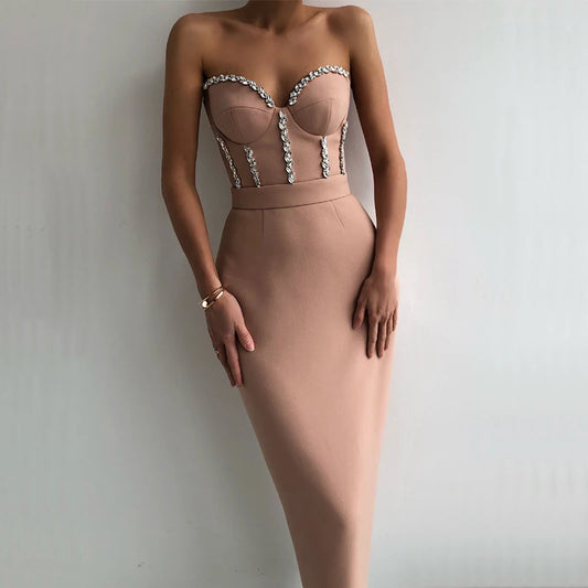 Women's Multi-Color Beaded Strapless Tight Sexy Club Celebrity Cocktail Party Bandage Dress