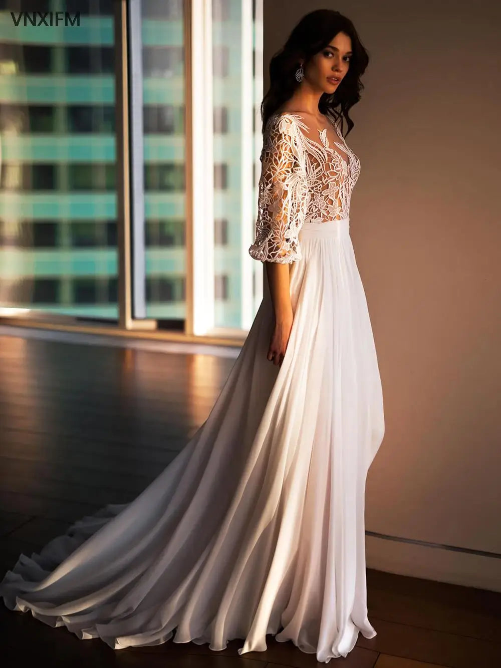 Beach A-Line Wedding Dresses Three Quarter Lantern Sleeves Cut-Out Lace O Neck Romantic Button Back 2021 Long Train Bridal Gowns