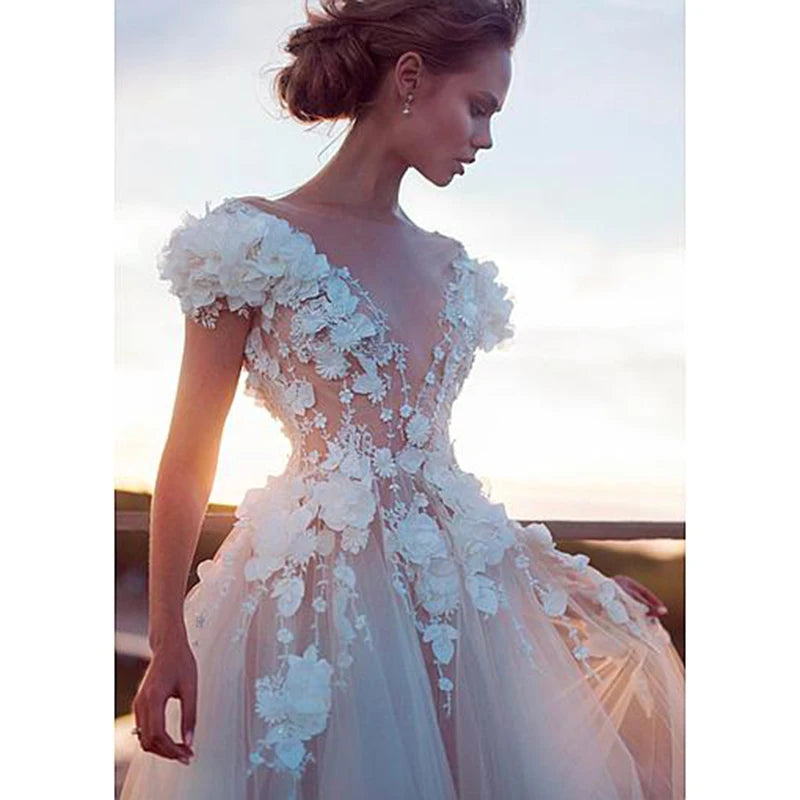 Champagne robes de mariée boho luxe sexy princesse arrière sans robe nuptiale appliques en dentelle 3d fleurs plage longue robe de mariage