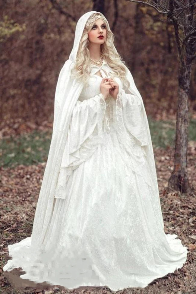 Vintage Gothic White Lace Ball Gown Wedding Dresses With Cloak Plus Size Flare Long Sleeve Celtic Medieval Princess Bridal Dress