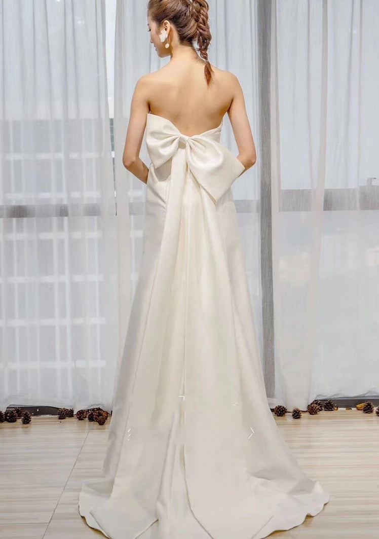 Strapless Elegant Satin Mermaid Wedding Dress Vestido De Noiva Trouwjurk Trumpet Bride Dress Wedding Gowns with Big Bow