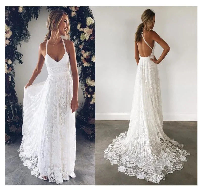 Lorie Halter Lace Beach Wedding Dress 2019 Elegant A Line Backless Floor Length White Ivory Lace Chiffon With Sashe Bridal Gown