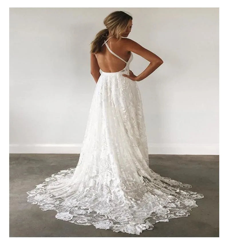 Lorie Halter Lace Beach Wedding Dress 2019 Elegant A Line Backless Floor Length White Ivory Lace Chiffon With Sashe Bridal Gown