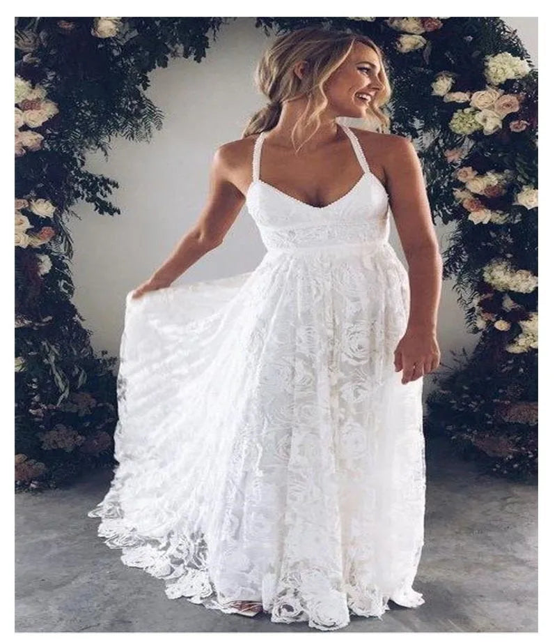 Lorie Halter Lace Beach Wedding Dress 2019 Elegant A Line Backless Floor Length White Ivory Lace Chiffon With Sashe Bridal Gown