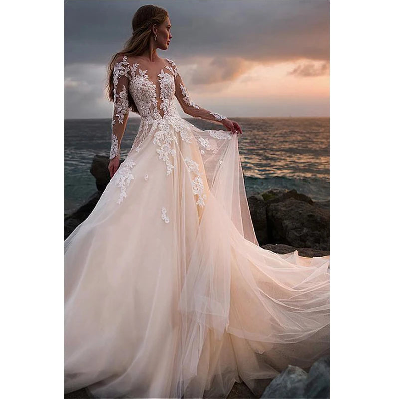 Spitze Brautkleider 2019 Illusion Langarm Lange Schleppe Spitze Mit Applikationen Vestido De Casamento Whith Elfenbein Brautkleid