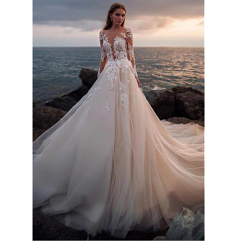 Spitze Brautkleider 2019 Illusion Langarm Lange Schleppe Spitze Mit Applikationen Vestido De Casamento Whith Elfenbein Brautkleid