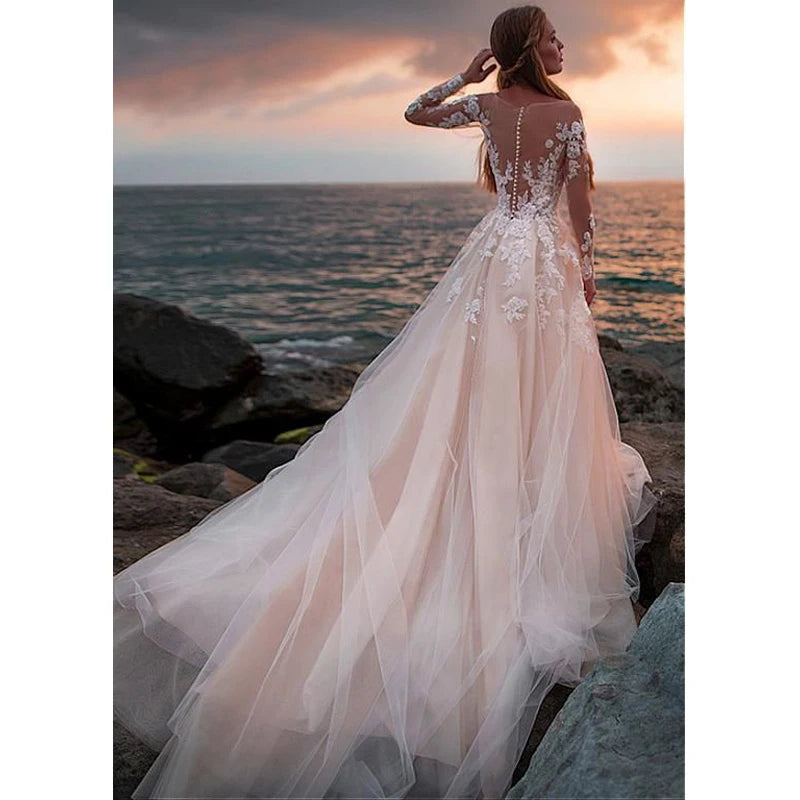 Spitze Brautkleider 2019 Illusion Langarm Lange Schleppe Spitze Mit Applikationen Vestido De Casamento Whith Elfenbein Brautkleid