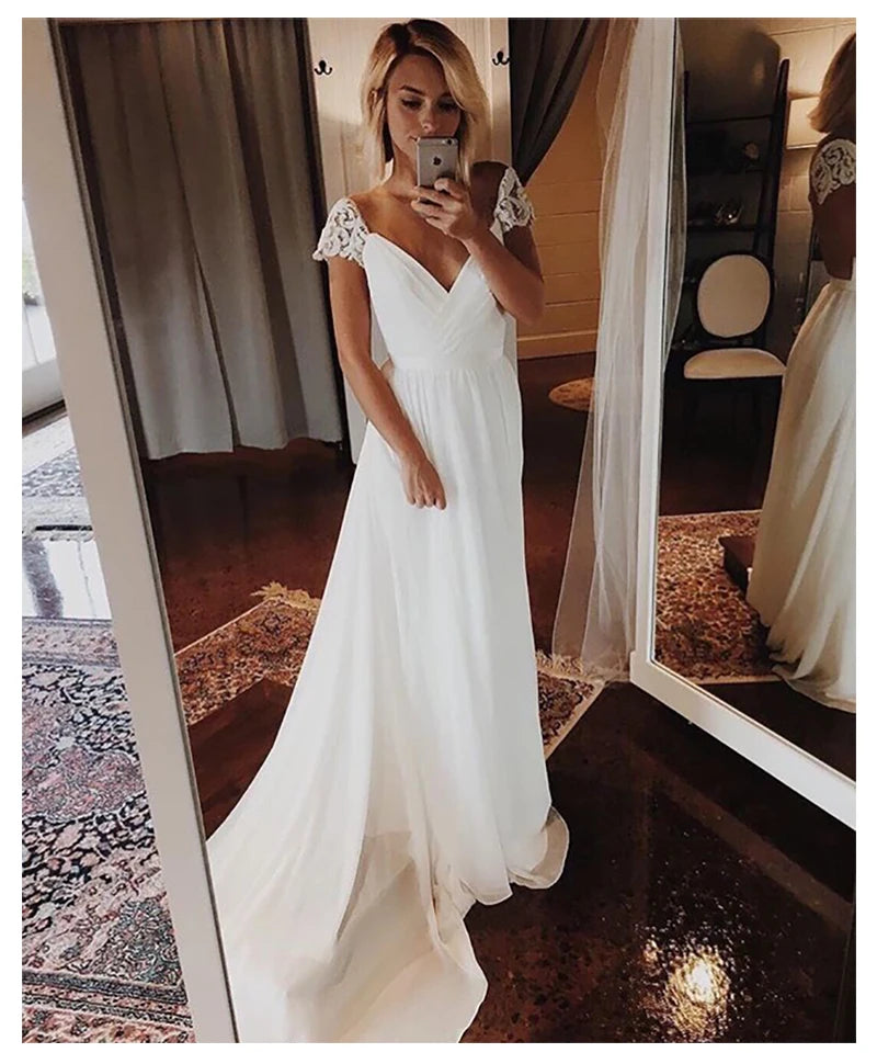 Cap Sleeves Wedding Dress 2022 V Neck  Chiffon Appliques Backless Beach Bridal Dress Cheap High quality Wedding Gowns