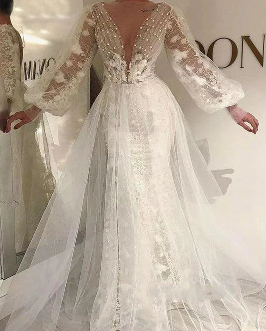 MYYBLE 2022  Boho Wedding Dress Elegant A Line Poet Long Sleeves Country Garden Formal Bride Bridal Gown Custom Made Plus Size
