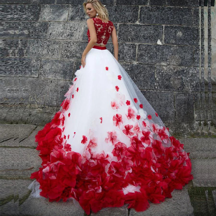 Bohemio flor blanco encaje rojo vestidos de novia de boda de dos piezas vestidos de novia de la playa botón romántico