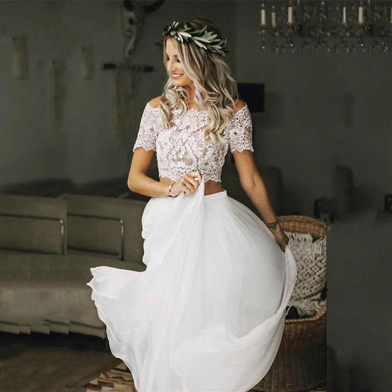 Charming On Sale Boho Wedding Gowns Lace Two Pieces Top Bateau Neckline Beach Bride Dresses 2024 Bridal Gowns Short Sleeves