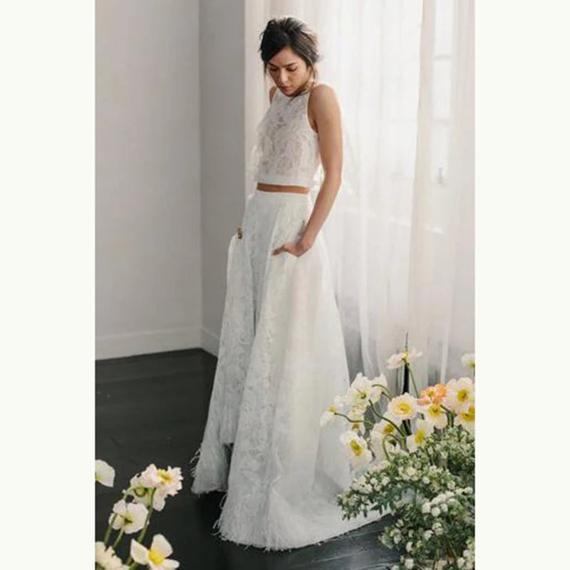 New Unique Sexy Two Pieces Lace Bridal Wedding Dresses Jewel Neck Sleeveless A Line Wedding Gowns for Bride Floor Length