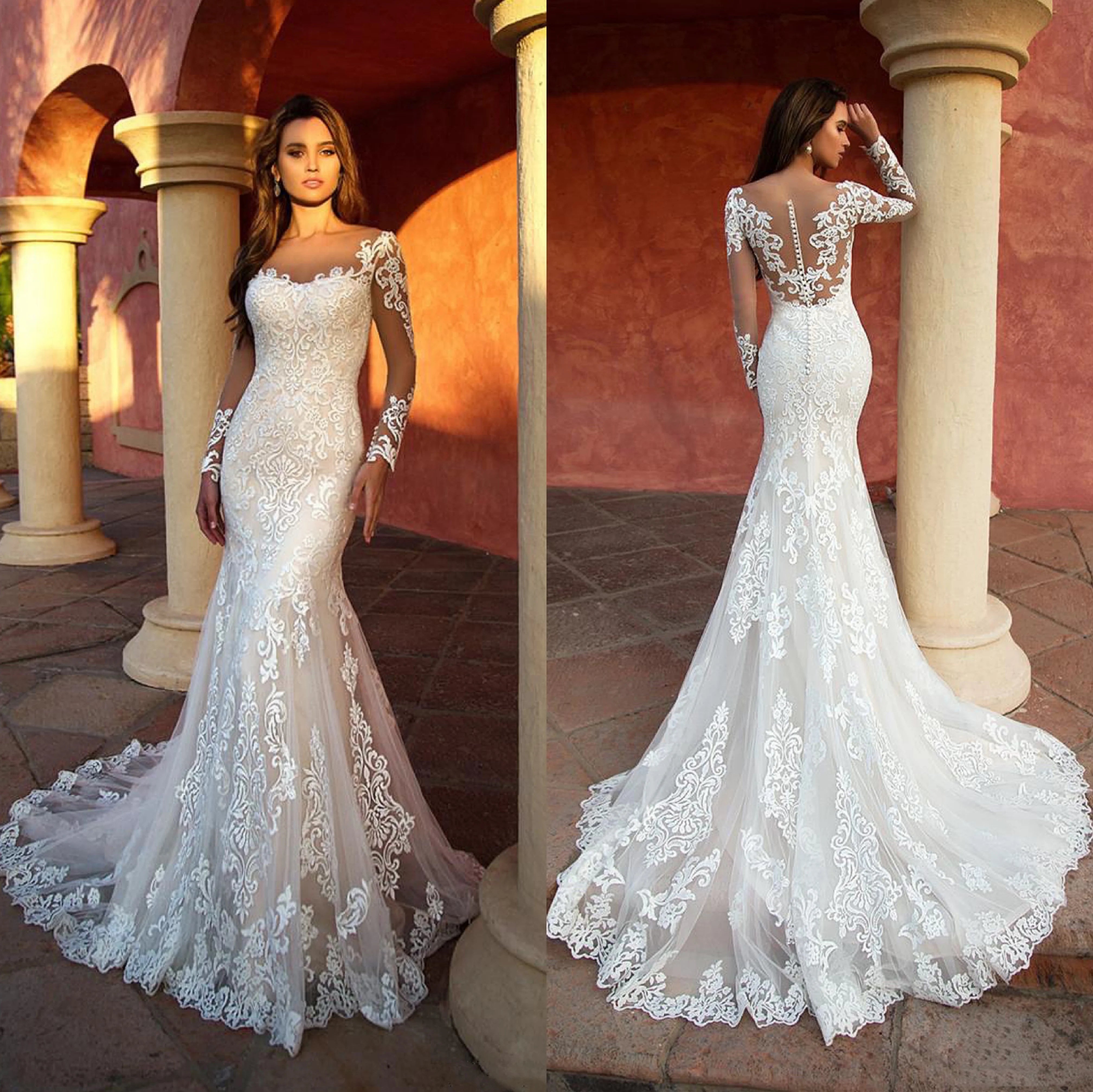 Sexy Lace Mermaid Vestidos de novia mangas largas blancas tul tul check cordones de lujo aplicados con vestidos de novia de tren Nuevo